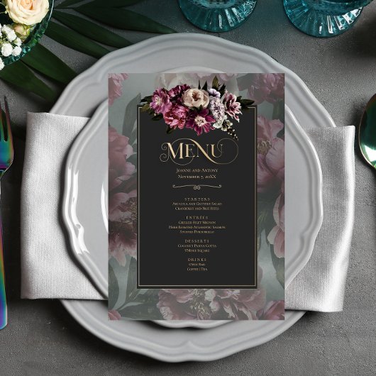 Dark and Moody Floral Menu Card Menükarte