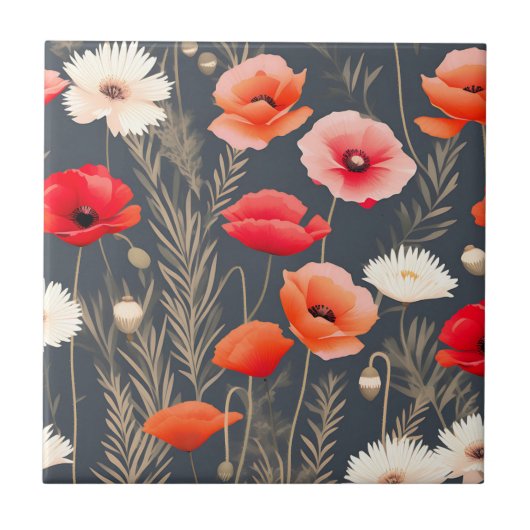 Dark and Moody Floral Poppies Fliese (Vorderseite)