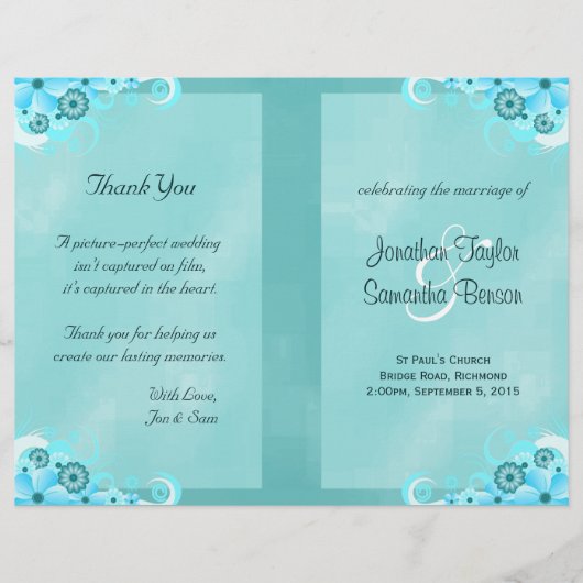 Dark Aqua Blue Floral Aquamarin Bi-Fold Hochzeitsp (Vorderseite)