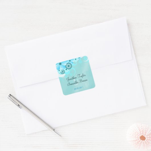 Dark Aqua Blue Floral Save the Date Gefälligkeitsa Quadratischer Aufkleber (Umschlag)