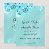 Dark Aqua Blue Floral Speichern Sie die Ankündigun Save The Date (Vorne/Hinten)