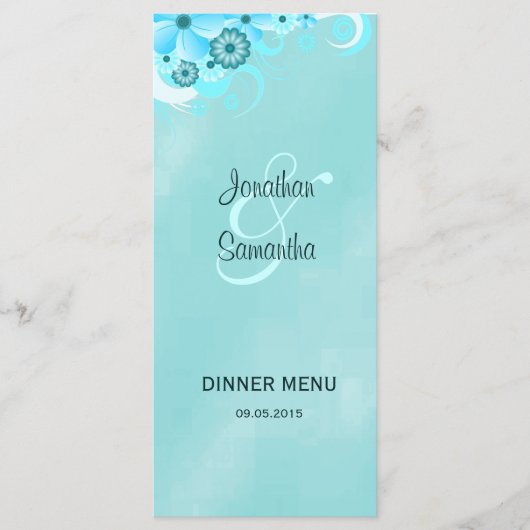 Dark Aqua Blue Floral Wedding Dinner Menu Cards Menükarte (Vorderseite)