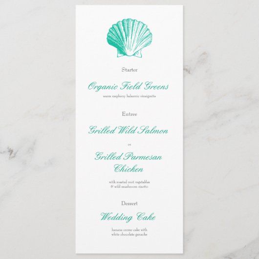 Dark Aqua Seashell Wedding Reception Dinner Menu Menükarte (Vorderseite)