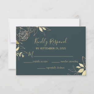Dark Aquamarin Blue & Gold Peony Floral Wedding RSVP Karte