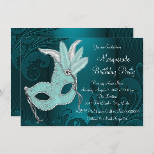 Dark Aquamarin Blue Mask Masquerade Party Einladung (Vorne/Hinten)