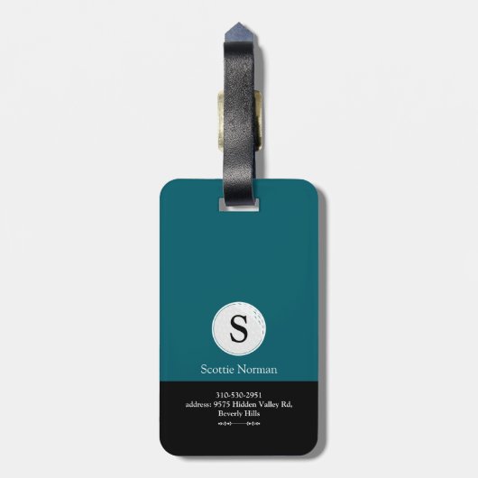 Dark Aquamarin Blue Personalisiert Golfer Monogram Gepäckanhänger (Rückseite vertikal)