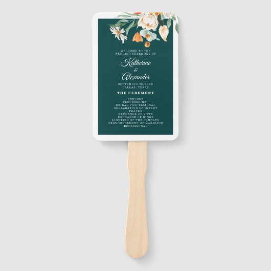 Dark Aquamarin Floral Elegante Script Wedding Prog Fächer (Vorderseite)
