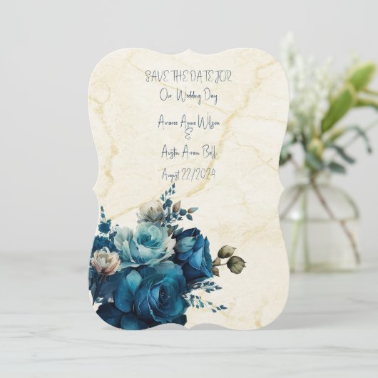 Dark Aquamarin Floral Wedding Bouquet Save The Date (Stehend Vorderseite)