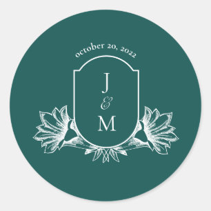 Dark Aquamarin Floral Wedding Monogram Wappen Clas Runder Aufkleber