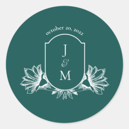 Dark Aquamarin Floral Wedding Monogram Wappen Clas Runder Aufkleber