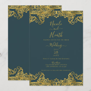 Dark Aquamarin & Gold Lace Elegante Hochzeit Einladung