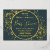 Dark Aquamarin & Gold Modern Peony Toile Baby Dusc Folieneinladung (Vorderseite)