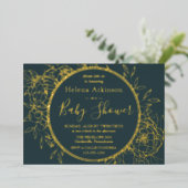 Dark Aquamarin & Gold Modern Peony Toile Baby Dusc Folieneinladung (Stehend vorne)