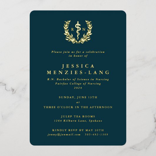 Dark Aquamarin Registered Nurse Asclepius+Laurel W Folieneinladung (Vorderseite)