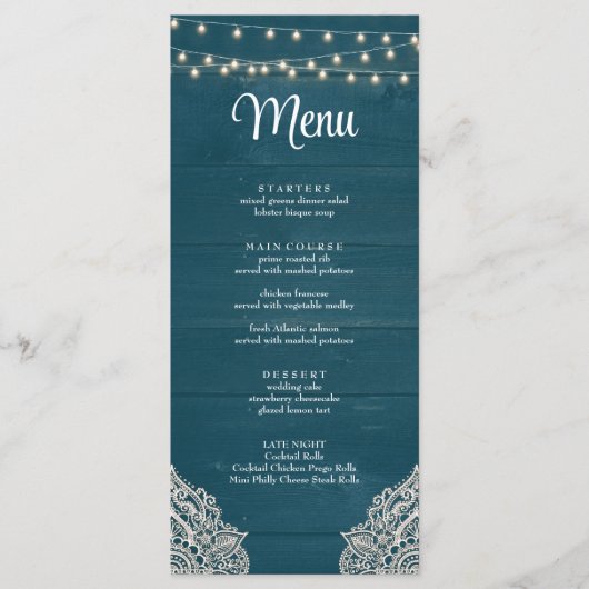 Dark Aquamarin Rustic Elegance Menu Card Menükarte (Vorderseite)