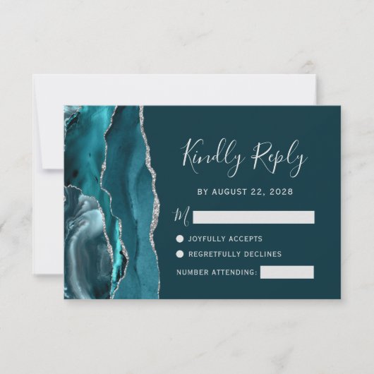 Dark Aquamarin Silver Agate Wedding RSVP Card (Vorderseite)