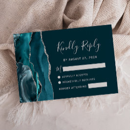 Dark Aquamarin Silver Agate Wedding RSVP Card