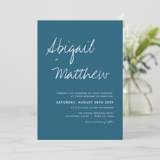 Dark Aquamarin Simple Handwriting Boho Wedding Einladung (Stehend Vorderseite)
