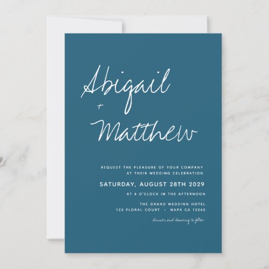 Dark Aquamarin Simple Handwriting Boho Wedding Inv Einladung (Vorderseite)
