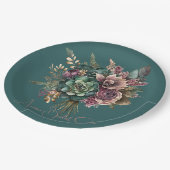 Dark Aquamarin Türkise Burgundy Blumendusche Pappteller (Schrägansicht)