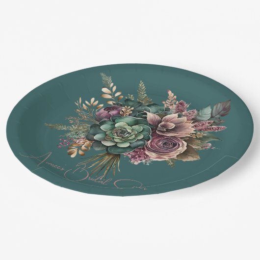 Dark Aquamarin Türkise Burgundy Blumendusche Pappteller (Schrägansicht)