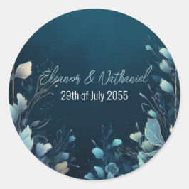 Dark Aquamarine und Aquamarin Blue Floral Wedding Runder Aufkleber