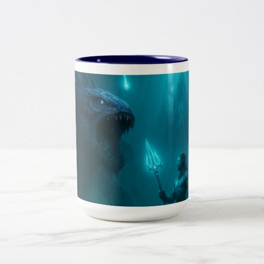 "Dark Aquatic Warrior & Sea Beast Fantasy Art Mug" Zweifarbige Tasse (Mittel)