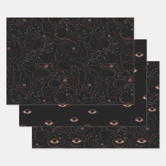 Dark Art Line Faces Wrapping Paper Set Geschenkpapier Set (Set)