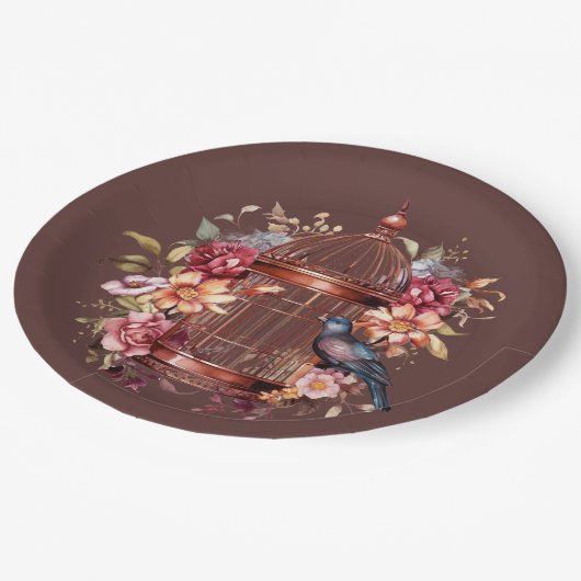 Dark Auburn Brown Pink Blue Birdcage Dusche Pappteller (Schrägansicht)