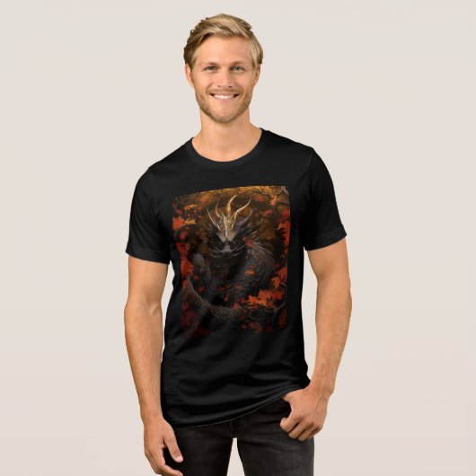 Dark Autumn Dragon with Crimson Leaves Tri-Blend Shirt (Vorderseite voll)