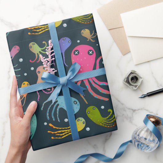 Dark Background under Sea Marine Life Cartoon Geschenkpapier (Schenken)