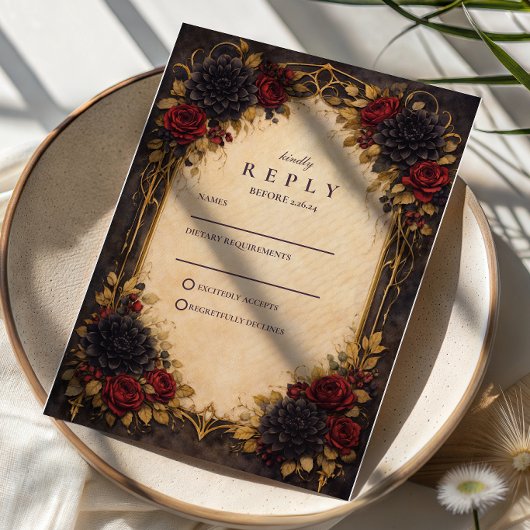 Dark Baroque Red Floral Wedding RSVP Karte