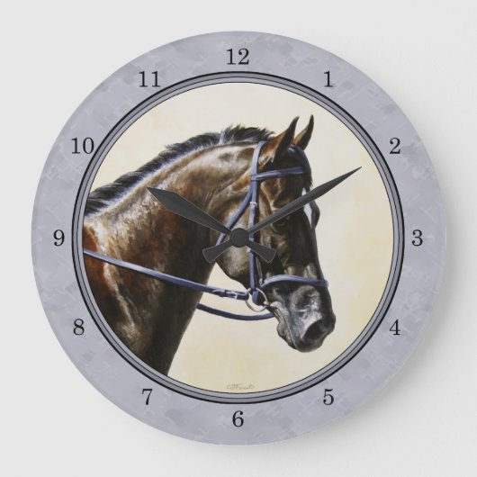 Dark Bay Sport Horse Gray Große Wanduhr (Vorderseite)