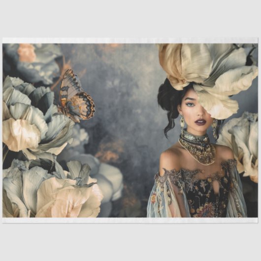 Dark Beauty & Moody Blue Floral, Portrait Art Seidenpapier (Vorderseite)