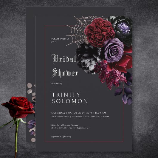 Dark Black Floral & Silver Web Brautparty Einladung