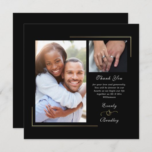 Dark Black Gold White Script Foto Vielen Dank Einladung (Vorne/Hinten)