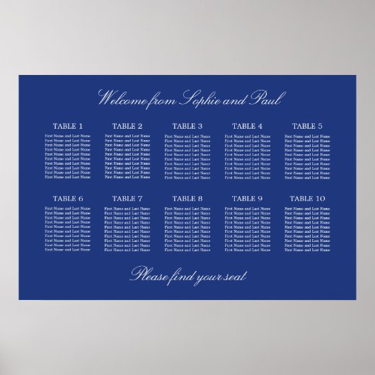 Dark Blue 10 Table Wedding Seating Chart Poster (Vorne)