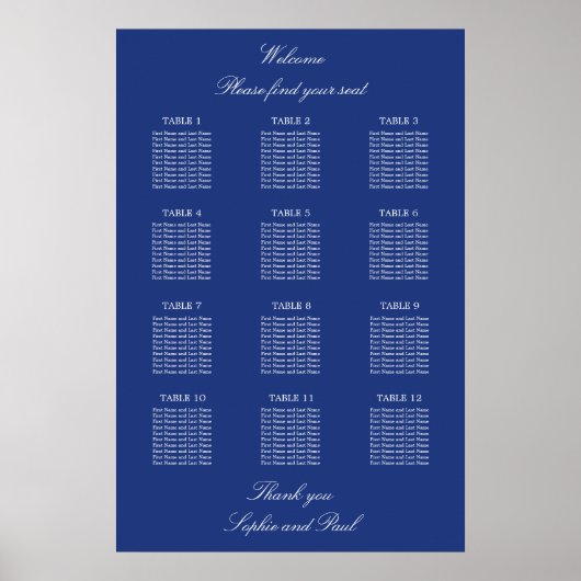 Dark Blue 12 Table Wedding Seating Chart Poster (Vorne)