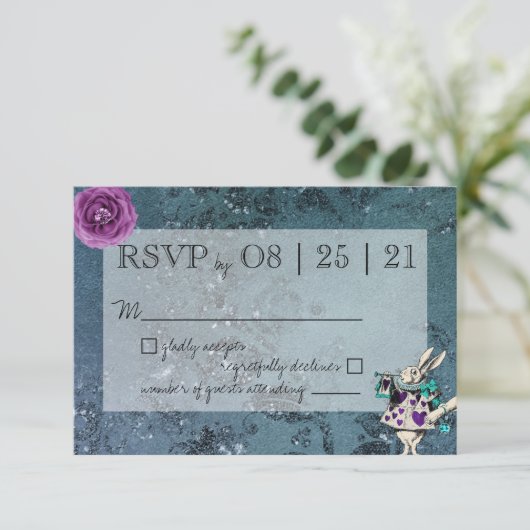 Dark Blue Alice im Wunderland Wedding RSVP (Stehend Vorderseite)