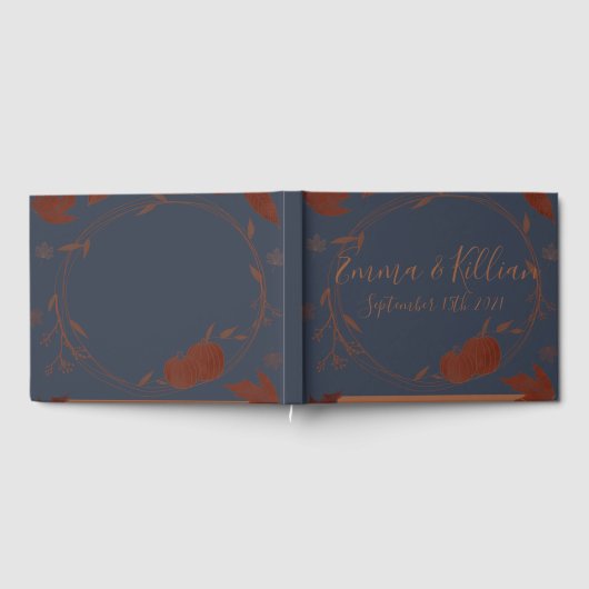 Dark Blue Autumn Pumpkins & Blätter Gästebuch (Voll)
