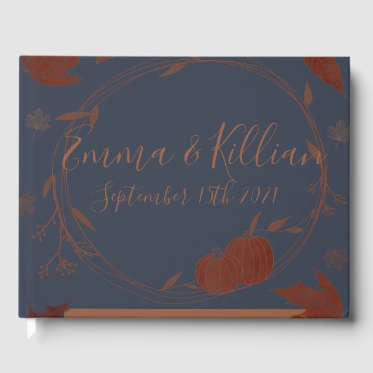 Dark Blue Autumn Pumpkins & Blätter Gästebuch (Vorderseite)