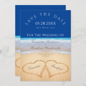 Dark Blue Beach 2 Herz in der Sandhochzeit Einladung (Vorne/Hinten)