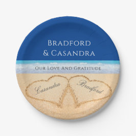 Dark Blue Beach Hochzeit 2 Herzen in der Sand Pape Pappteller