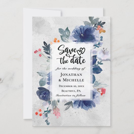Dark Blue Blume Red Berries Floral Wedding Save The Date (Vorderseite)