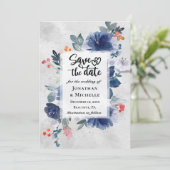 Dark Blue Blume Red Berries Floral Wedding Save The Date (Stehend Vorderseite)