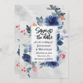 Dark Blue Blume Red Berries Floral Wedding Save The Date (Vorne/Hinten)
