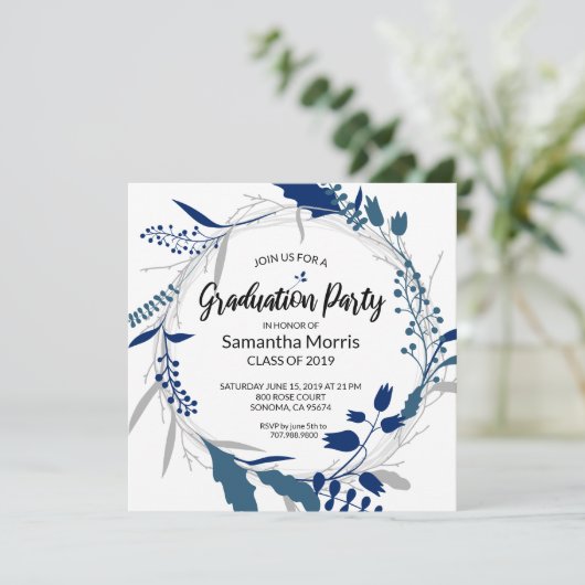 Dark Blue Boho Blumenschreiberpartei Einladung (Stehend Vorderseite)