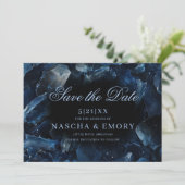 Dark Blue Boho Hexen Crystals Black Wedding Save The Date (Stehend Vorderseite)