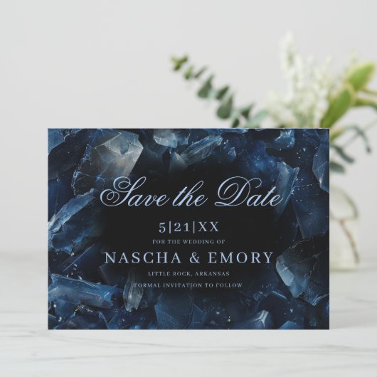 Dark Blue Boho Hexen Crystals Black Wedding Save The Date (Stehend Vorderseite)