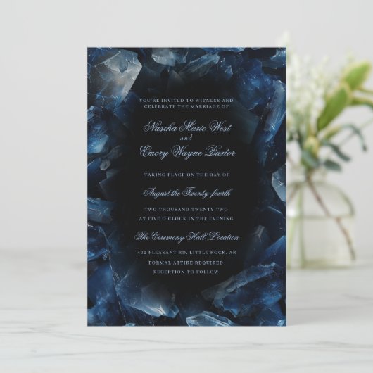 Dark Blue Boho Witch Crystals Black Wedding Einladung (Stehend Vorderseite)